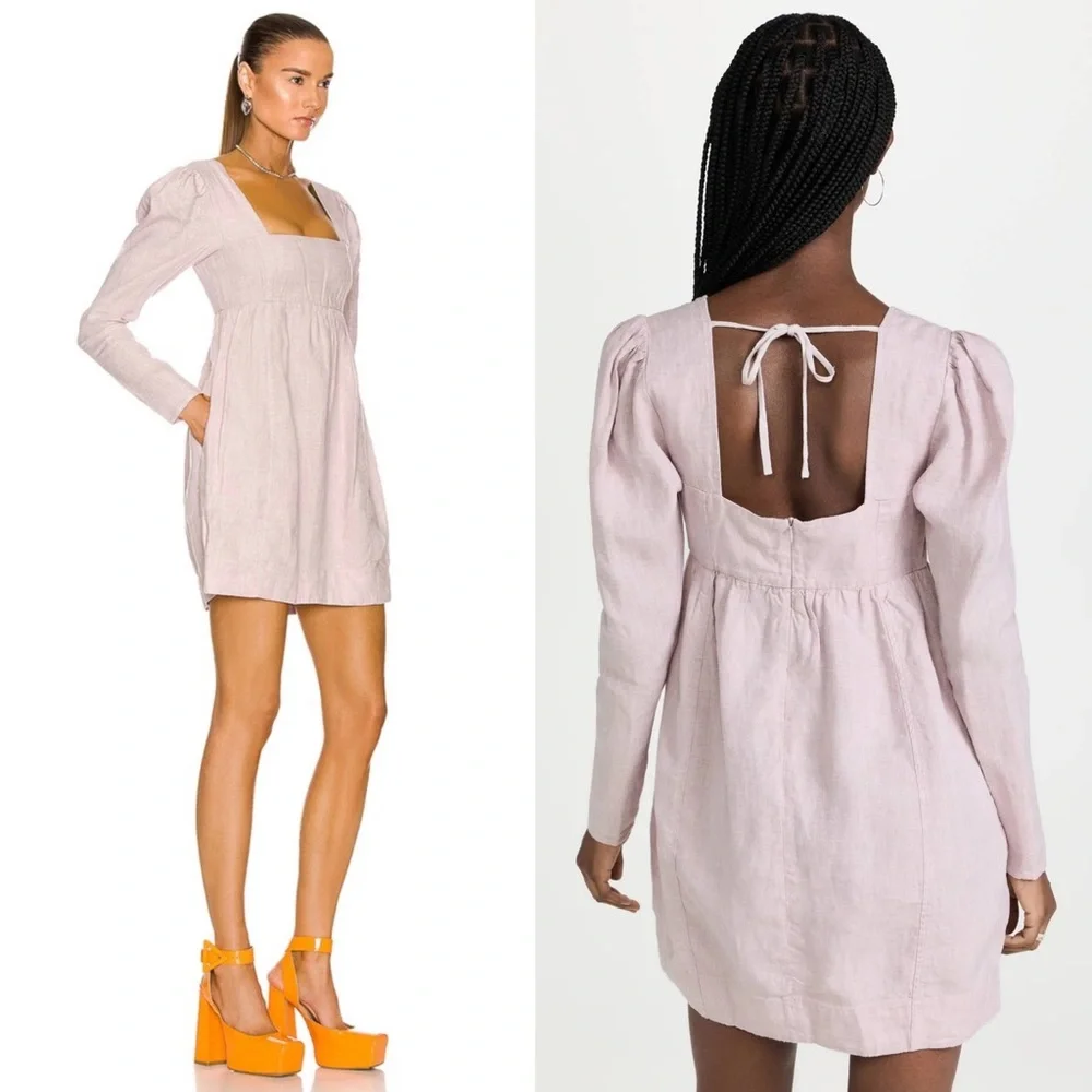 GANNI Lilac Hemp 90s Square Neck Long Sleeve Coquette Soft Girl Babydoll Dress L - Picture 4 of 14